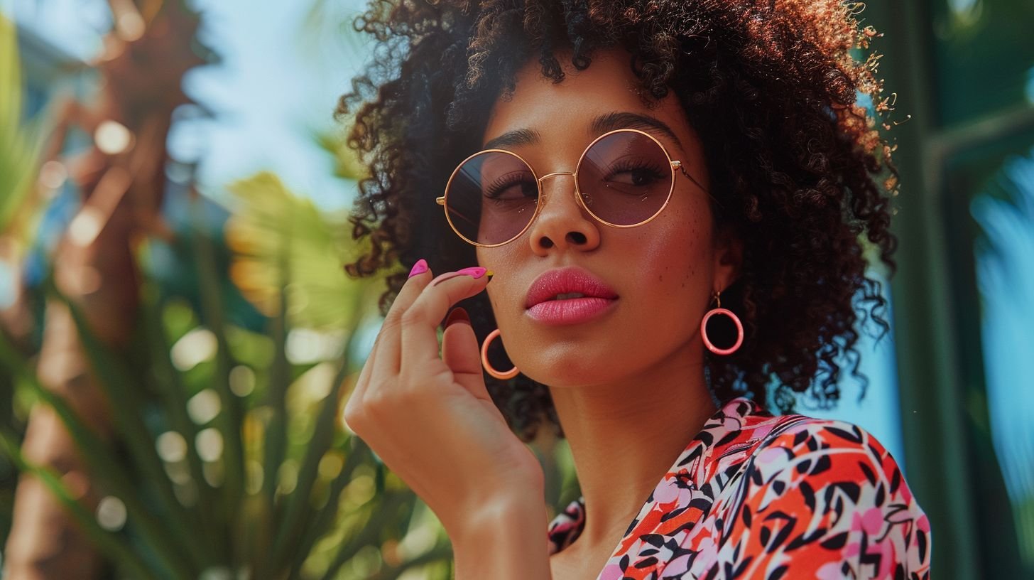 A stylish woman applies trendy summer nail polish in an outdoor setting.