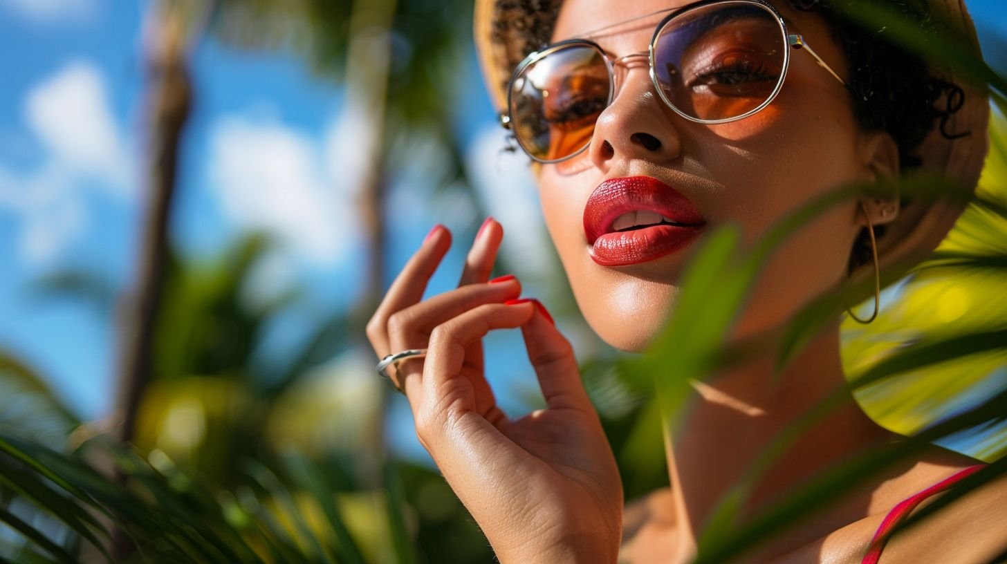 A stylish woman applies trendy summer nail polish in an outdoor setting.